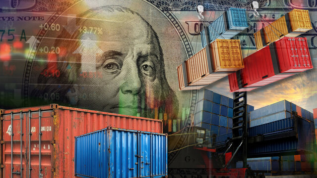 Complex geopolitical shifts and US dollar fluctuations are impacting global imports, exports, and maritime trade. This is illustrated by images of shipping containers, the 100-dollar banknote