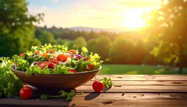 Ensalada fresca con tomates cherry servida al aire libre sobre mesa de madera al atardecer