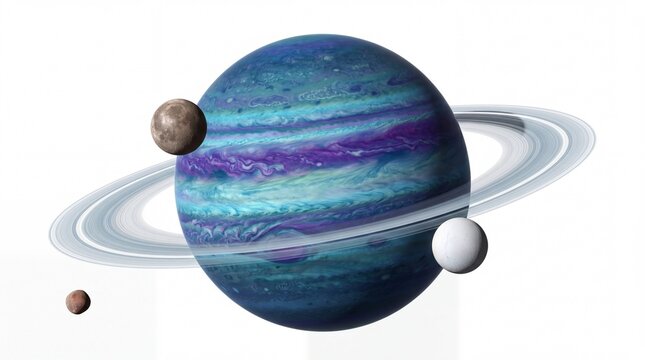 Blue striped planet with rings and small moons in space