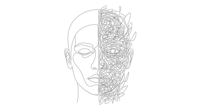 Abstract human face split into calm and chaos, single line art