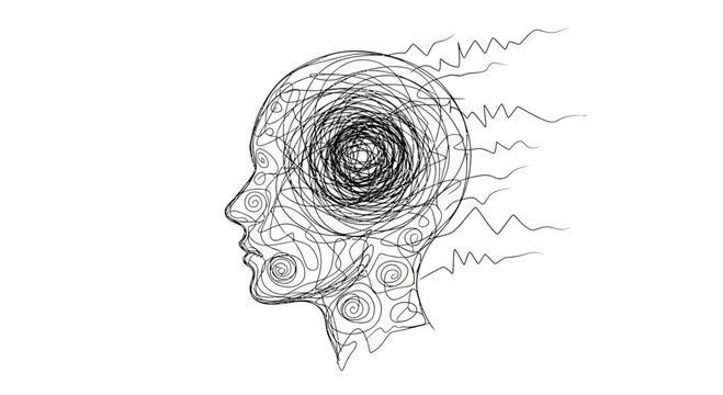Abstract human head profile with chaotic swirling thoughts and mental distress