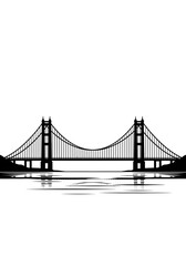 Fototapeta premium A black silhouette of a majestic suspension bridge over water, reflected in artistic lines. A clean, minimalist monochrome illustration, showcasing the iconic architecture in a symmetrical, serene com