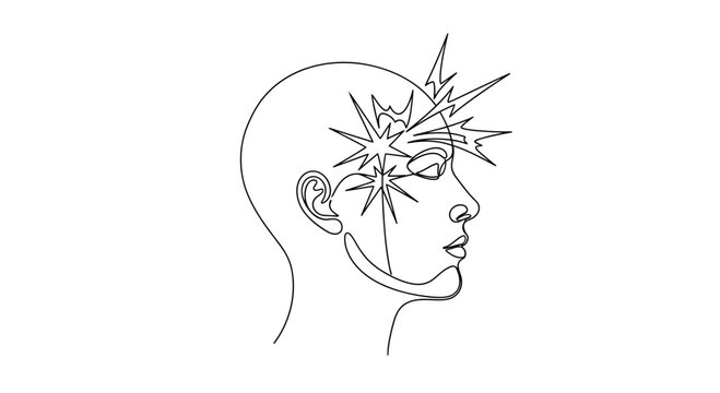 Abstract single line drawing of a head with exploding ideas and thoughts