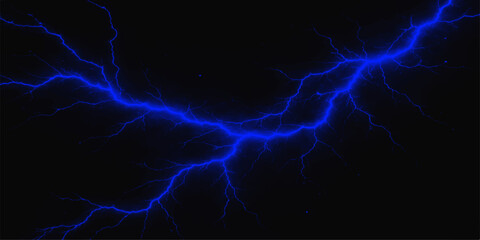 An abstract illustration featuring a powerful electric lightning bolt striking the black night sky with intense blue energy during a dangerous thunderstorm © Rehaan