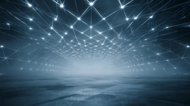 Futuristic digital network background with glowing lines and nodes forming a geometric grid pattern in a misty, spacious environment. Modern technology concept for innovation and connectivity