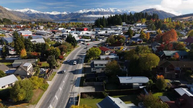 Aerial of Wanaka Commercial Street and Mountains