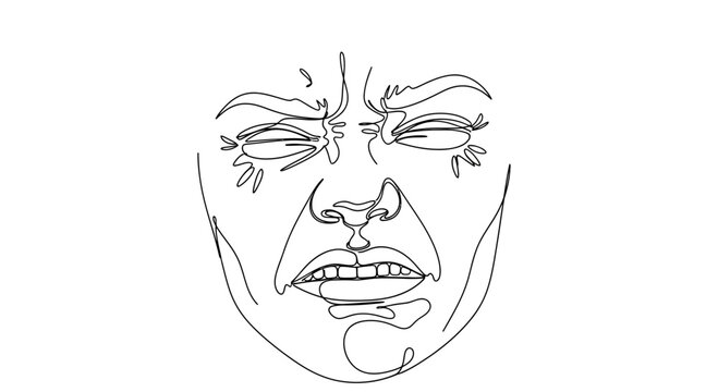 Continuous line drawing of a stressed, disgusted face with closed eyes and wrinkled nose.