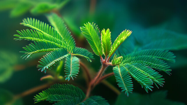 pudica. Sensitive plant leaves responding to touch, macro view in natural light. gardening catalogs, home-decor guides, designed for gardening and botanical catalogs, promotes healthy living.