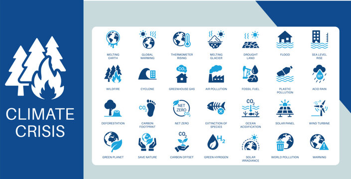 Climate Crisis Flat Duotone Icons Global Warming Pollution Environmental Damage Carbon Impact Icon Set