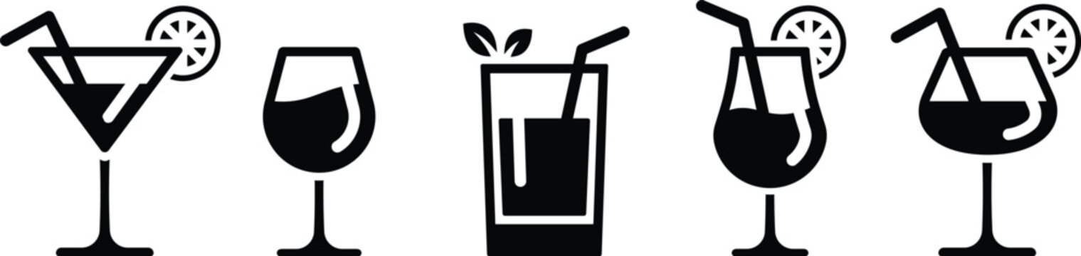Cocktail and Beverage Icons Set Martini Wine Juice Glass Minimal Outline Bar Symbols