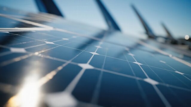 Close-up view of solar panels reflecting sunlight, showcasing the intricate grid pattern and surface details in a clear blue sky setting