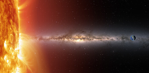 Solar winds and magnetic storm - View of Earth from outer space with millions of stars around it and sun Milky Way galaxy in the background "Elements of this image furnished by NASA" © muratart