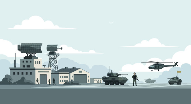 Flat vector illustration of a modern military base with radar installation, tanks, helicopter, and soldiers
