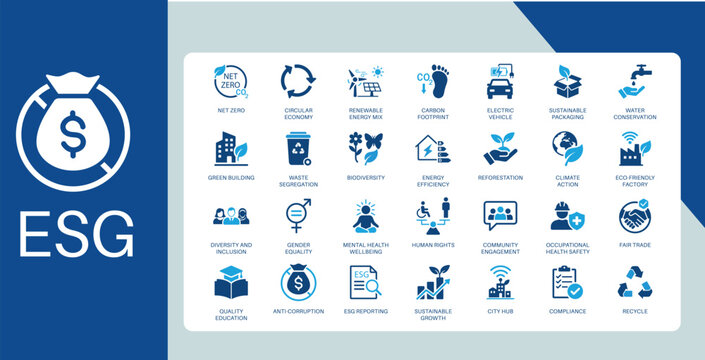 ESG Flat Duotone Icons Environmental Social Governance Sustainability Corporate Responsibility Icon Set