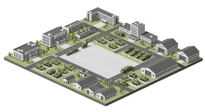 Isometric Military Base Illustration with Army Tanks, Tactical Vehicles and Barracks Buildings