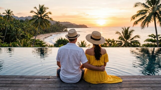 Young couple traveler relaxing and enjoying the sunset by a tropical resort pool while traveling for summer vacation