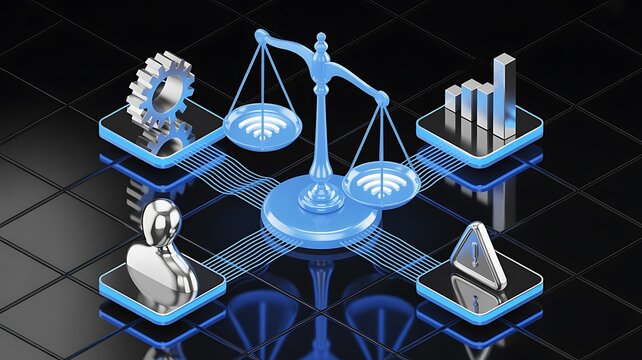 Artificial intelligence business analytics concept with balance scale chart and data analysis on futuristic digital interface