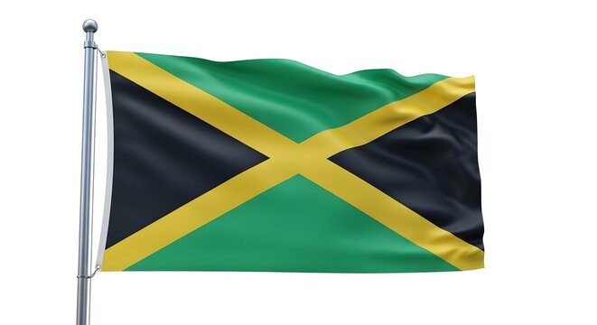 The national flag of jamaica waving proudly on a silver pole