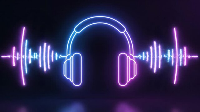 Neon headset graphic in blue and purple dark background