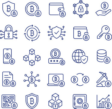 Crypto security icon set minimalist outline vector cryptocurrency wallet protection icons