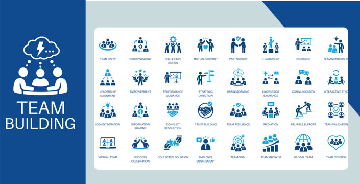 Team Building Flat Duotone Icons Collaboration Leadership Communication Unity HR Icon Set
