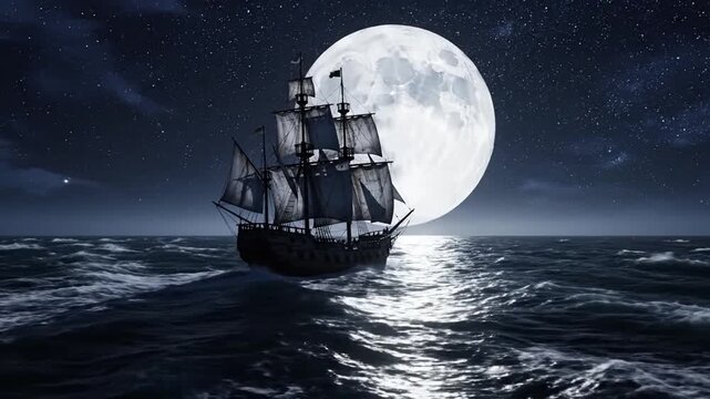 Ancient sailing ship navigates moonlit ocean waves under a large full moon.
