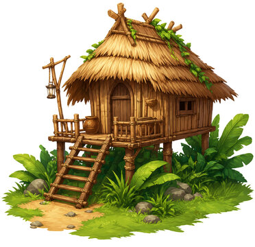 Tropical Wooden Hut on Stilts &ndash; Cartoon Style Island House with Lush Vegetation