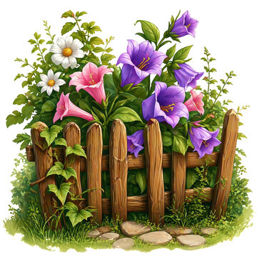 Colorful Garden Flowers Behind Wooden Fence &ndash; Decorative Floral Arrangement Cartoon Style