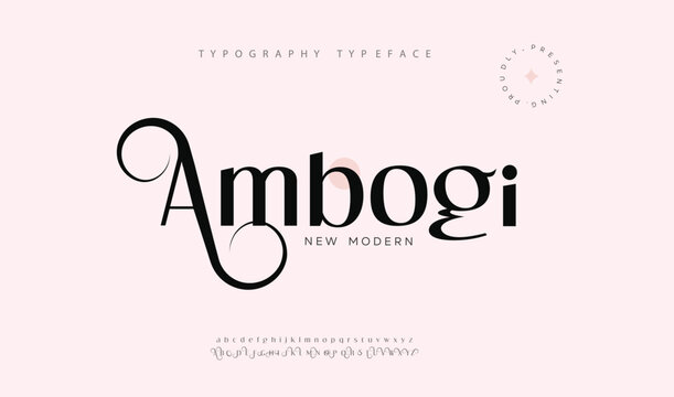 Ambogi, Luxury fashion alphabet letters font with tails. Typography elegant classic lettering serif fonts and number decorative vintage retro concept for logo branding. vector illustration