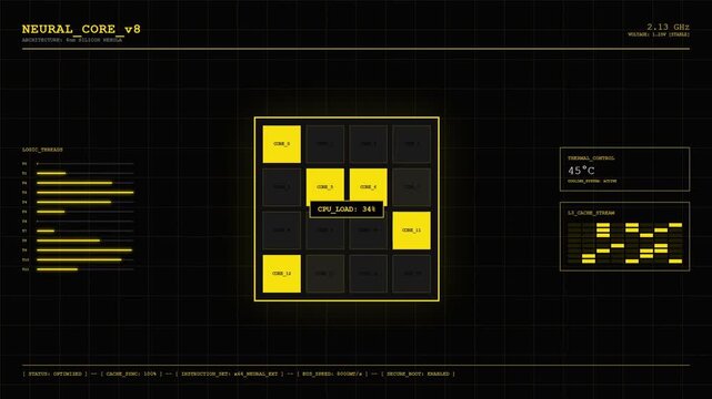 Futuristic Neural Core Processor HUD with Yellow Digital CPU Load Monitoring and Computer System Hardware Thermal Control Analytics Interface.