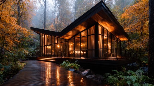 An inspiring modern glass house set amidst lush trees and vibrant foliage, reflecting contemporary architecture harmonizing beautifully with nature's surroundings.