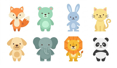 Fototapeta premium Minimal cute animal vector set with modern colorful cartoon characters for kids design isolated on white