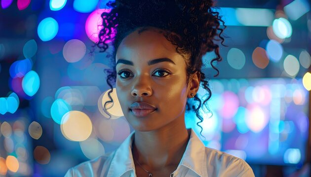 Retrato nocturno de mujer joven con luces urbanas desenfocadas y ambiente moderno