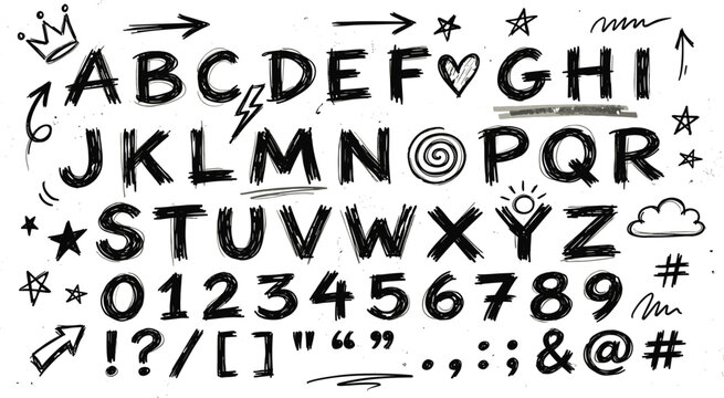 Hand drawn doodle alphabet vector set, sketch style abc letters, numbers, symbols, handwritten, scribbled, grunge, chalk.