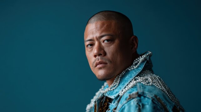 A confident man sports a unique look with a shaved head and pearl-decorated denim jacket, encapsulating a blend of modern style and self-expression in a striking composition.