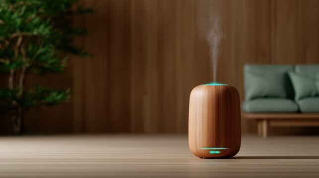 A wooden aroma diffuser gently emits soothing steam in a serene environment, symbolizing tranquility and relaxation for a peaceful living space or wellness setting.
