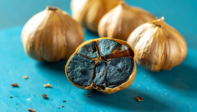 Ajo negro cortado con bulbos de ajo fermentado sobre fondo azul