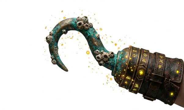 Bronze pirate hook with green patina and barnacles for a sea-dweller isolated on white