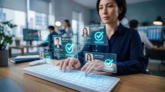 Online HR management featuring digital documents with check marks for verified staff records.