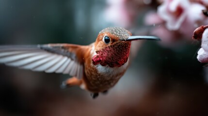 Naklejka premium A stunning hummingbird hovers in mid-flight near pink blossoms, capturing the beauty of nature and the freedom of flight in a vibrant and lively setting.