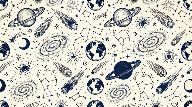 Seamless pattern with hand drawn space elements planets stars galaxies and comets on light cream background art.