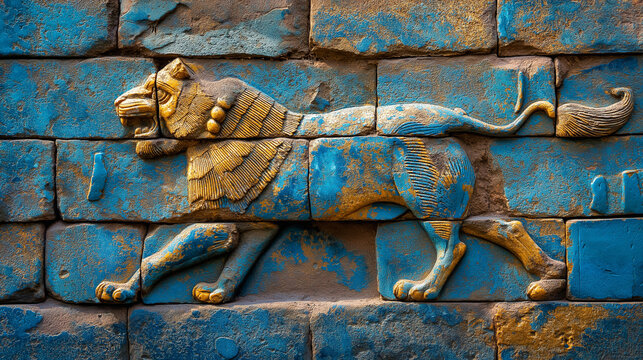 babylonian. Ancient Babylonian wall fragment with a blue glazed brick lion relief. event programs, museum guides, designed for cultural heritage projects and event programs, preserves heritage.