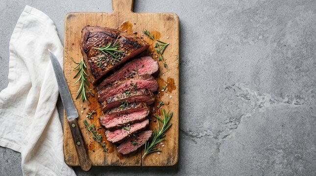 Sliced tri-tip beef served on a wooden board with fresh herbs and a gray backdrop.