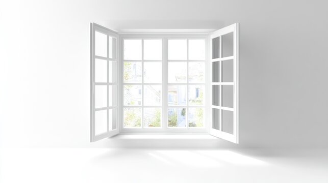 Open window, bright sunlight, empty room, nature view, interior design