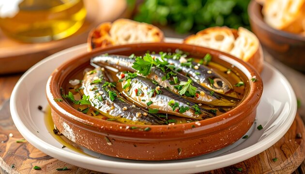Sardinas en aceite con hierbas frescas servidas en cazuela de barro r&uacute;stica