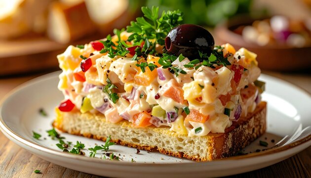 Tapa de ensaladilla rusa sobre pan tostado con aceituna negra y perejil fresco