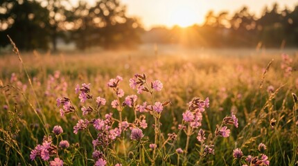 Obraz premium Pink wildflowers blooming in a meadow during golden hour.