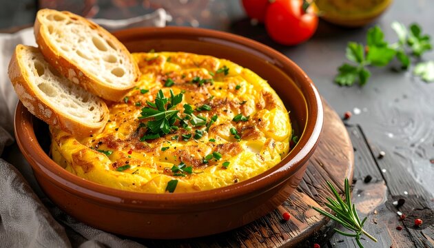 Crema de garbanzos con hierbas frescas y tostadas en cuenco r&uacute;stico