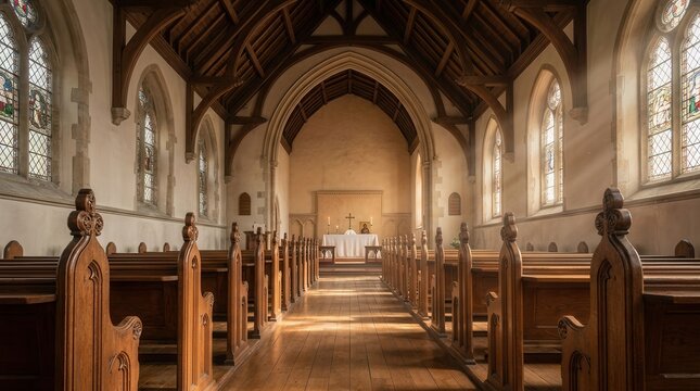 Empty wooden pews in a historic European Protestant church interior.