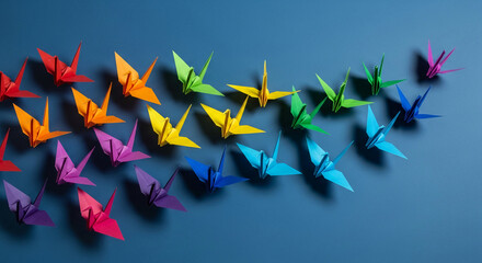 Rainbow colored origami cranes arranged diagonally on a dark blue background, symbolizing diversity, hope, and artistic creation